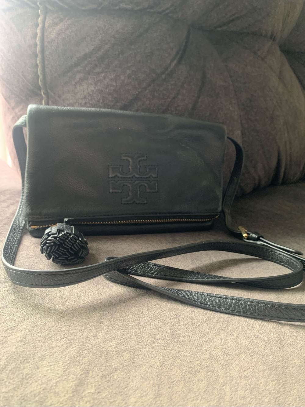 Tory Burch Black Leather Crossbody Bag with Logo Detail